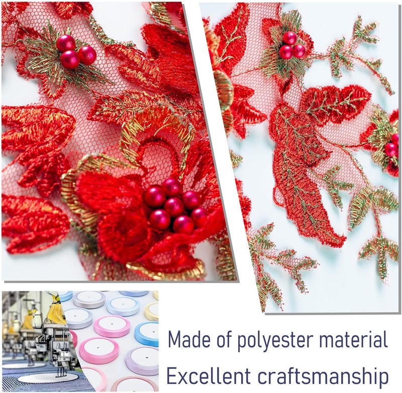 Silvora 2 PCS Flower Fabric Beaded Pearl Lace Applique, 3D Embroidered Patch for Dresses,Handmade Sewing Tool for DIY Neckline Bodice Pants(Red) - Image 5